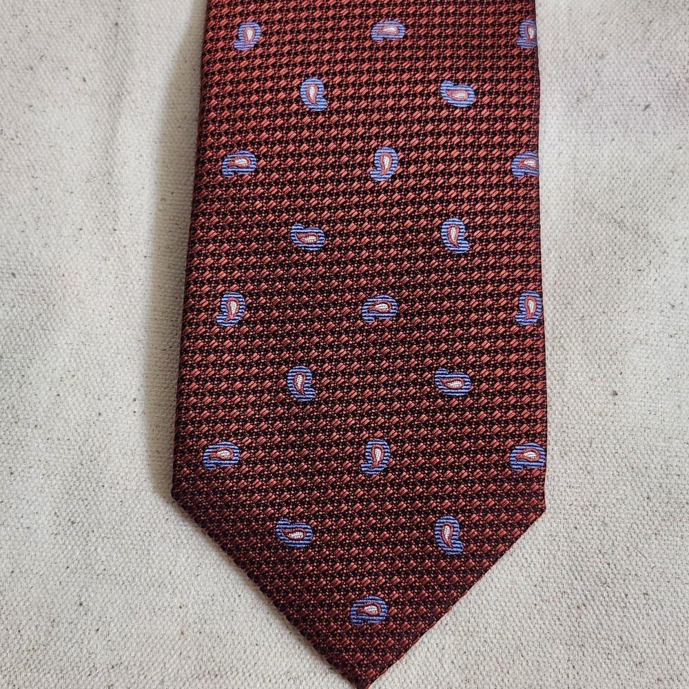 New Isaia Napoli Red Brown Micro Houndstooth Paisley 7 Fold Silk Tie $275